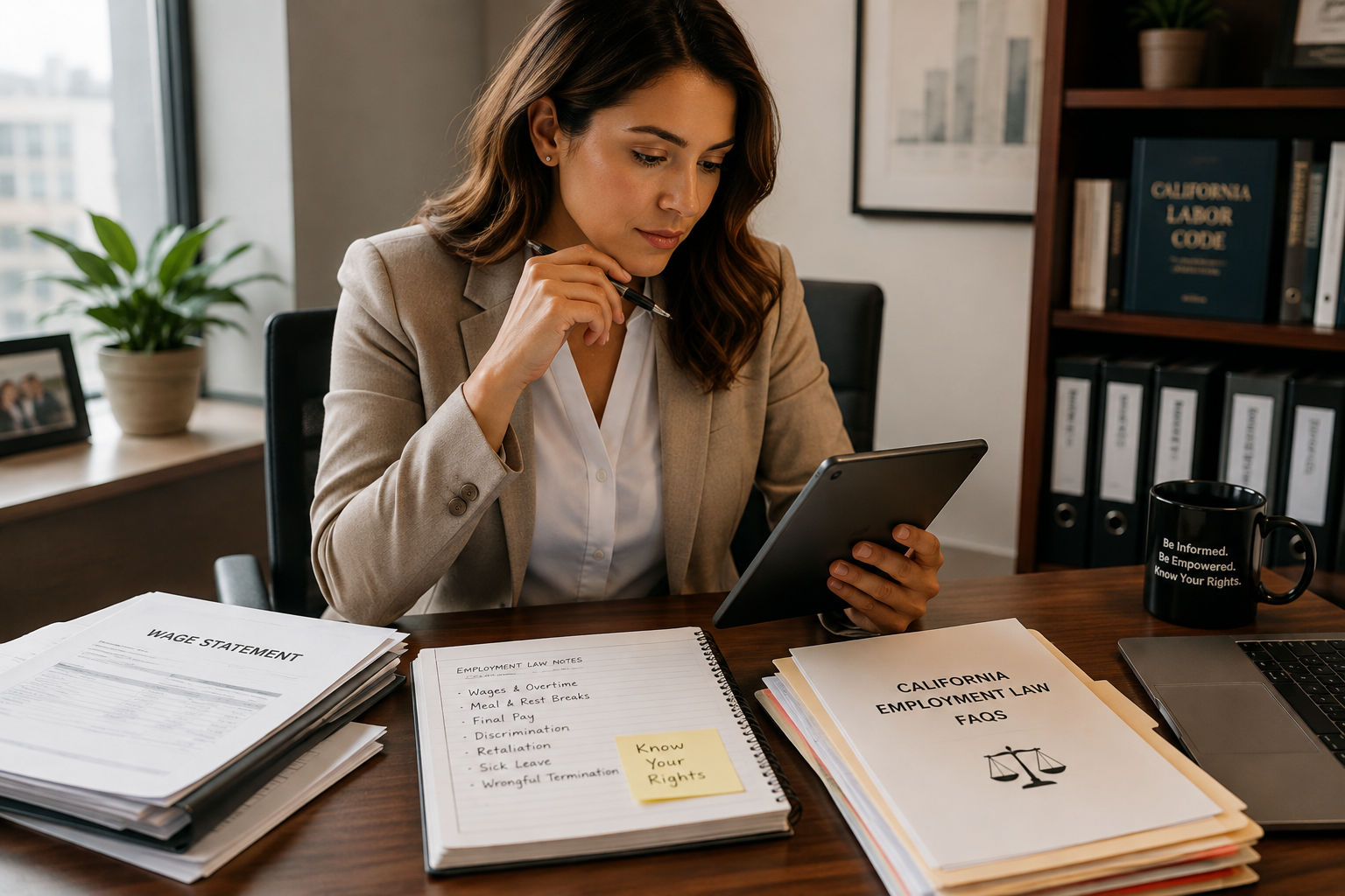 Woman reviewing California employment law FAQs on a tablet beside workplace records, wage documents, and legal notes in a modern office.