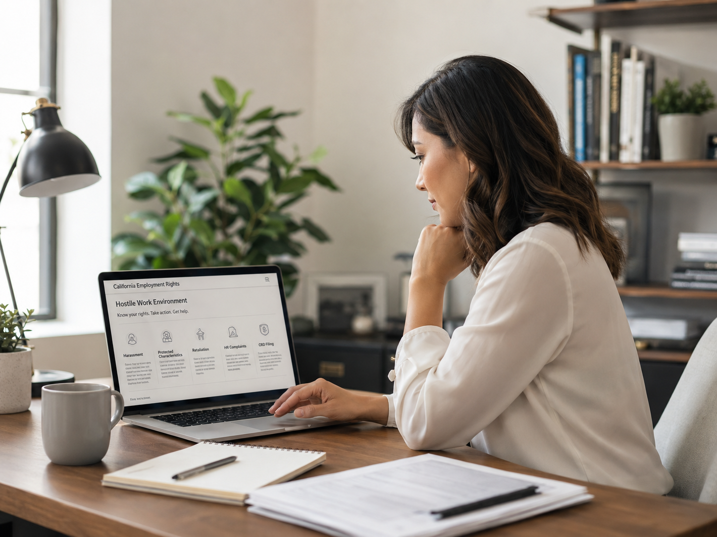 Woman reviewing California hostile work environment information on a laptop with harassment, protected characteristics, retaliation, HR complaint, and CRD filing details.