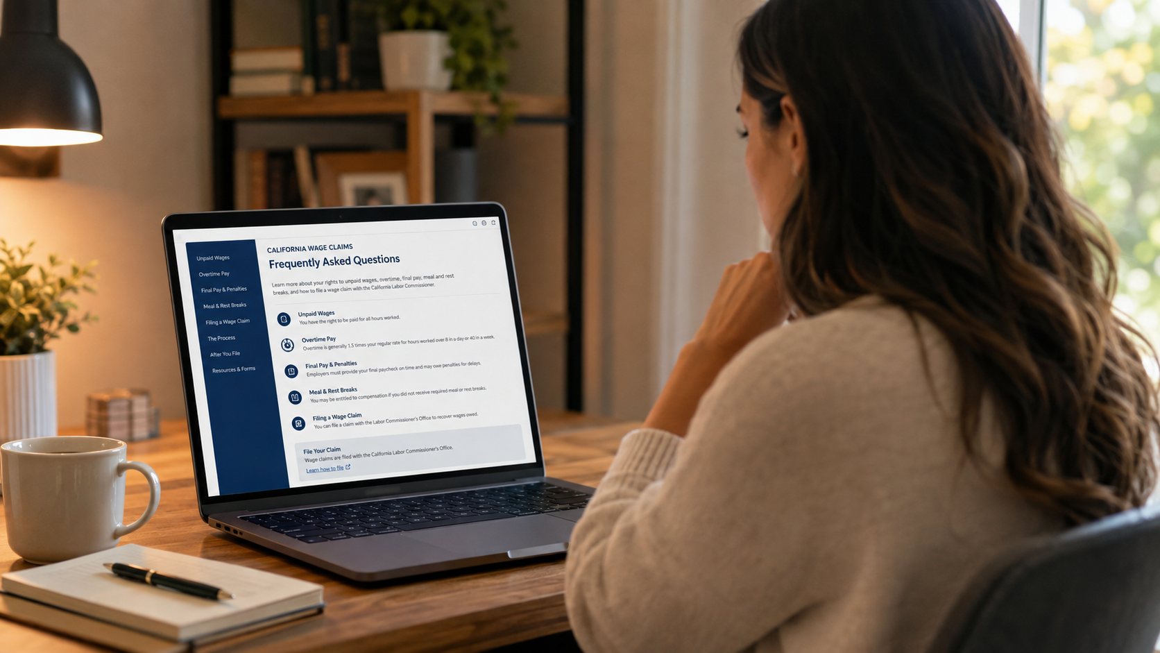 Woman reviewing California wage claim FAQ information on a laptop with unpaid wages, overtime, final pay, meal breaks, and Labor Commissioner filing details.