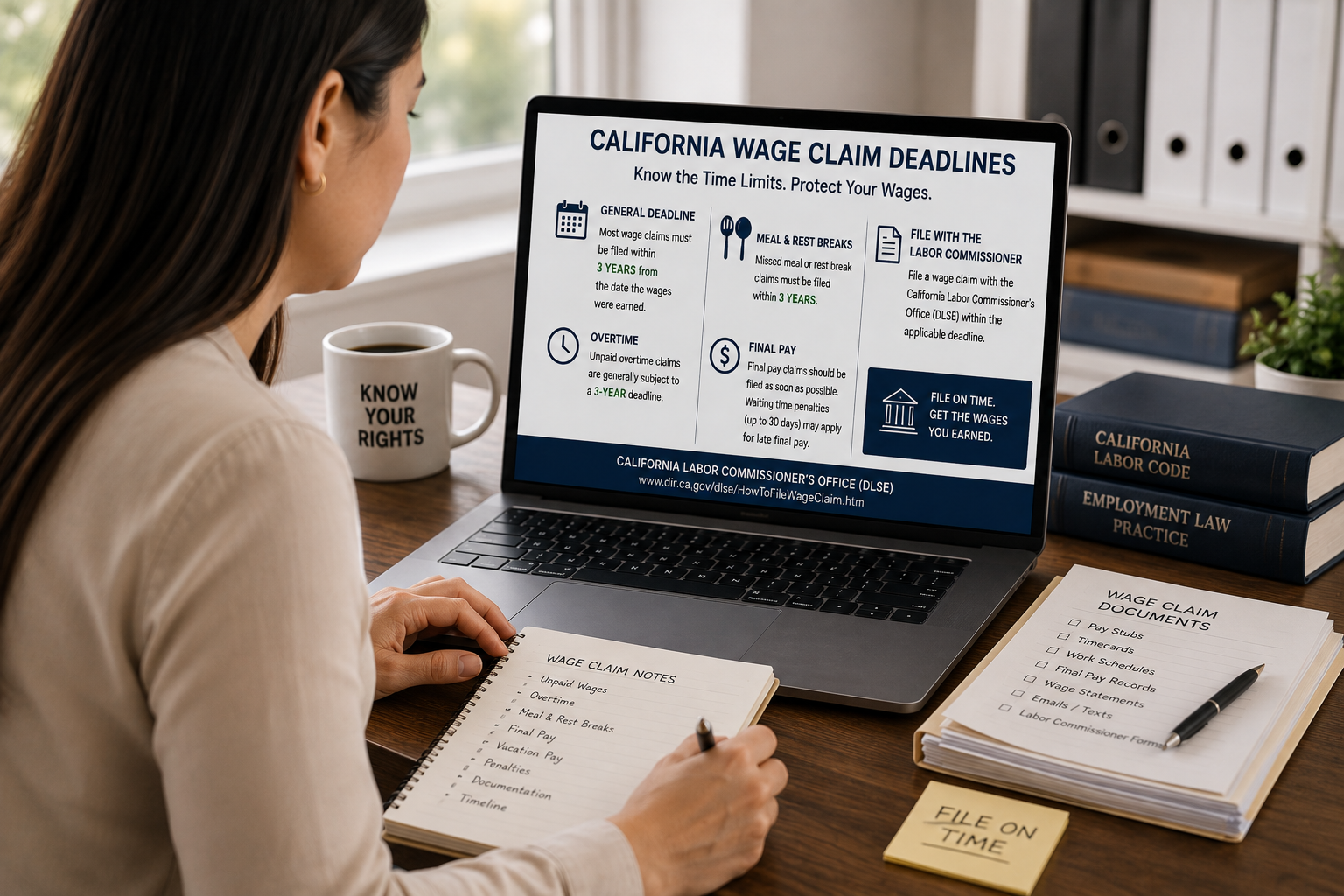 Woman reviewing California wage claim deadline information on a laptop with unpaid wages, overtime, meal breaks, final pay, and Labor Commissioner filing details.