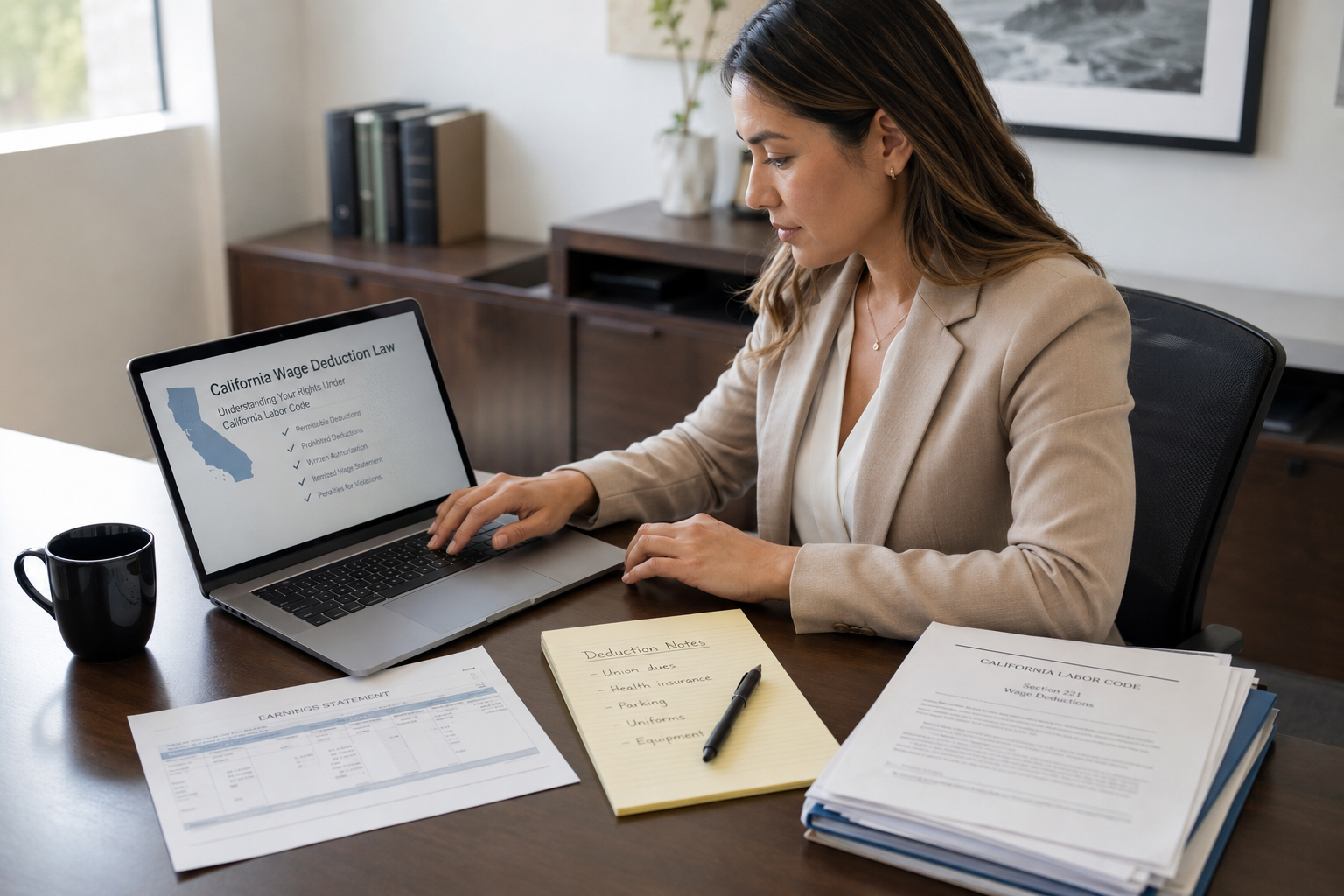 Woman reviewing California wage deduction law information on a laptop with paycheck records, deduction notes, and workplace documents.