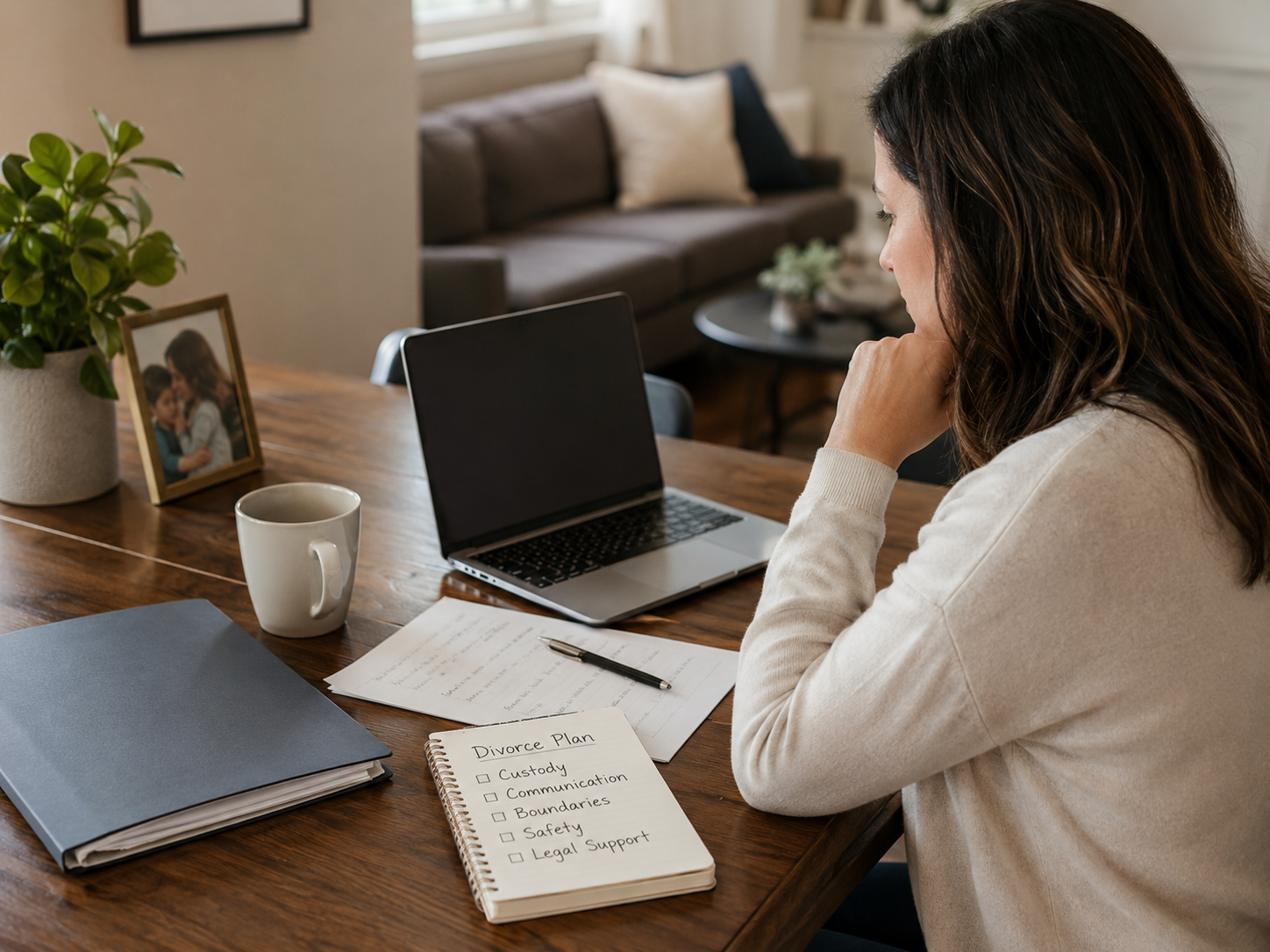 Woman reviewing divorce planning information on a laptop with documentation, custody, boundaries, communication, safety, and legal support details.