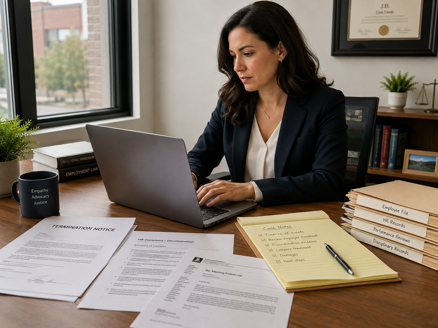 Woman reviewing sexual orientation discrimination and wrongful termination documents on a laptop with California workplace records and legal notes.