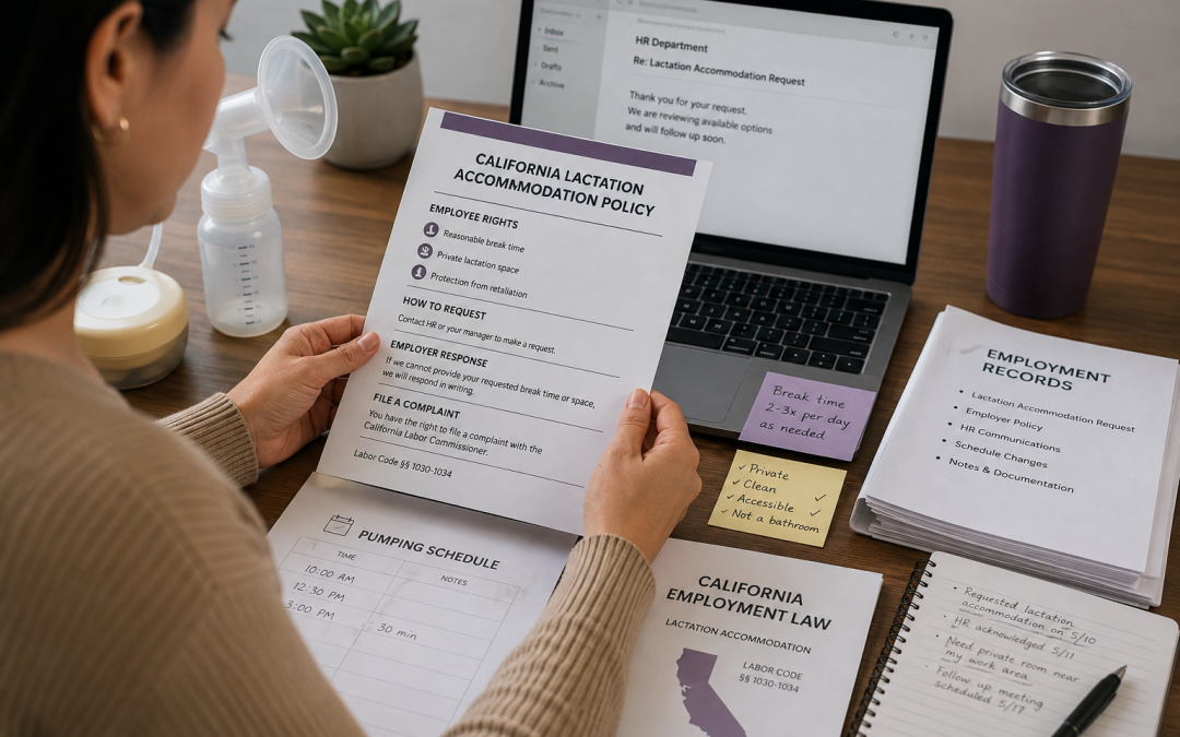 Employee reviewing California breastfeeding at work documents with lactation accommodation policy, pumping schedule, HR emails, and employment law records on a desk