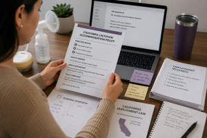 Employee reviewing California breastfeeding at work documents with lactation accommodation policy, pumping schedule, HR emails, and employment law records on a desk.
