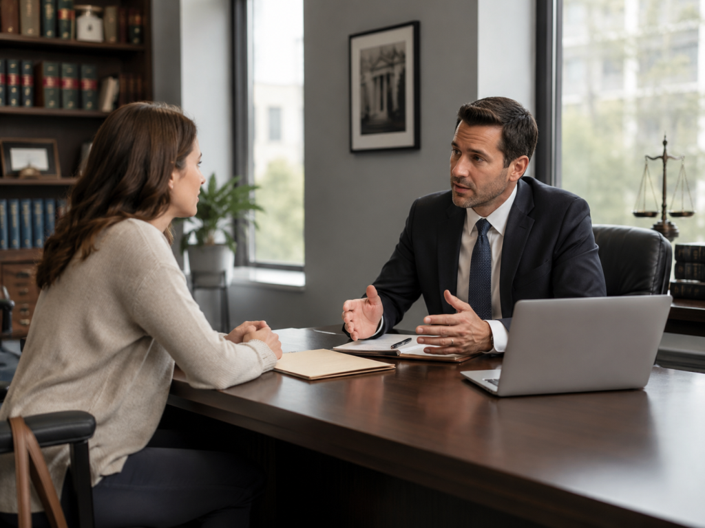 Criminal defense attorney discussing plea bargain options with a woman during a legal consultation