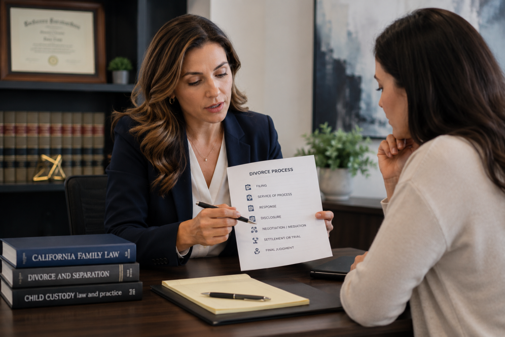 California family law attorney reviewing divorce paperwork with a woman during a legal consultation