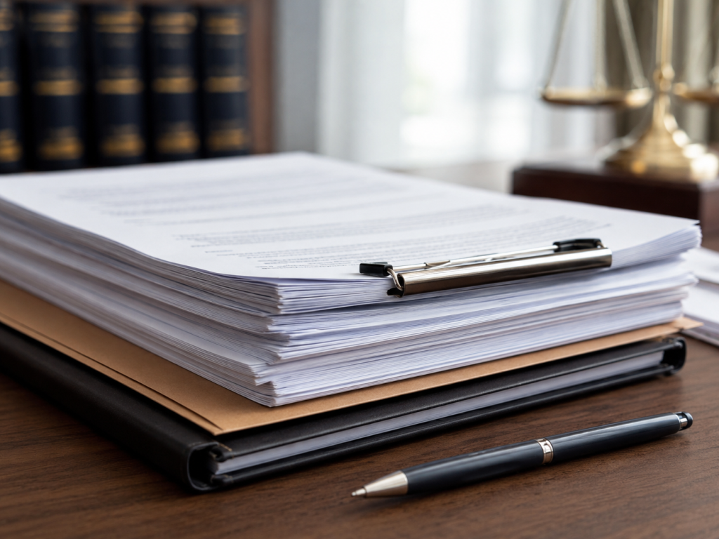 Blurred legal documents on a desk for a nursing negligence case review