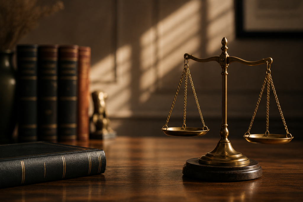 Scales of justice on a law office desk representing legal responsibility and liability
