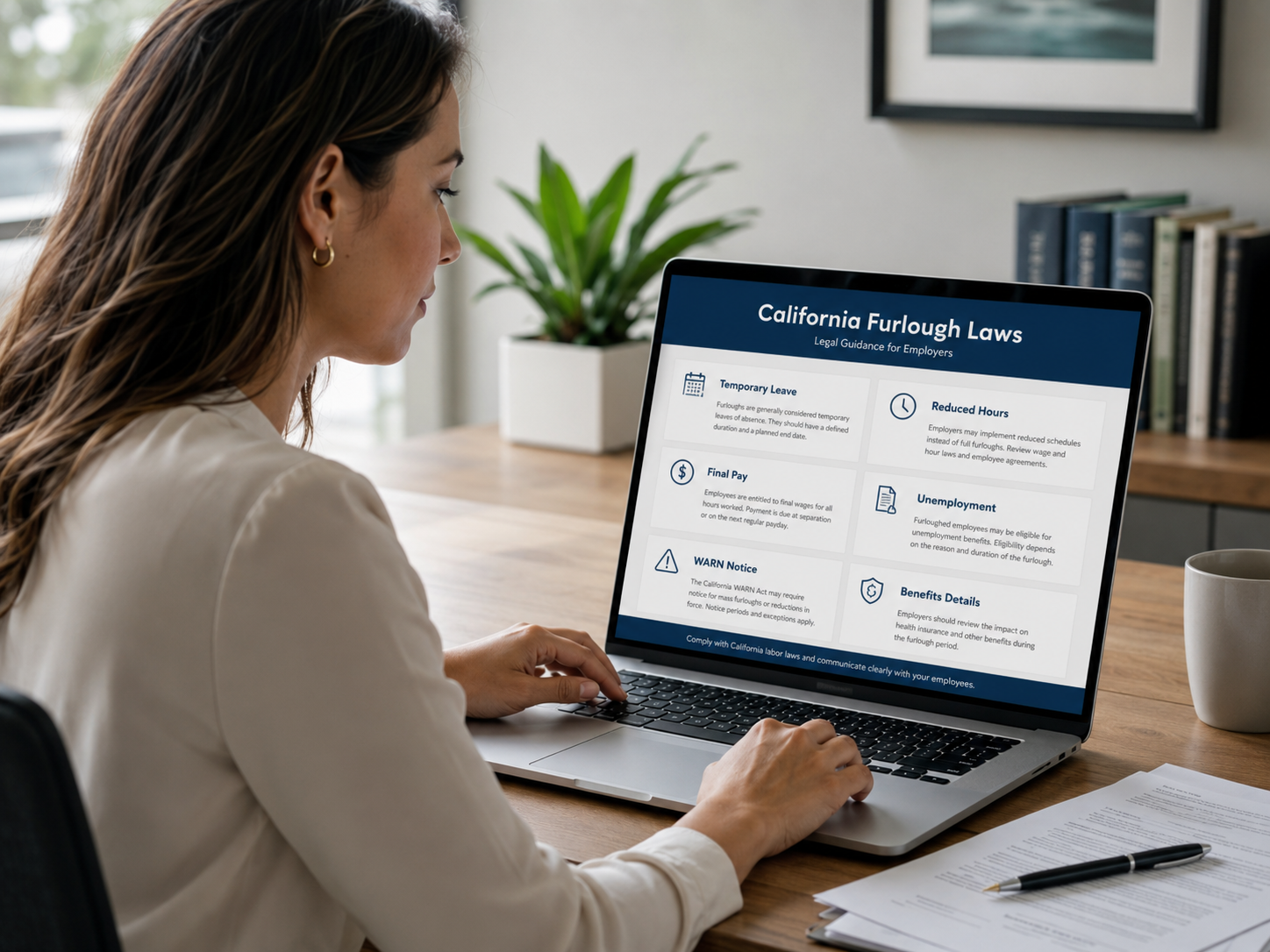 Woman reviewing California furlough law information on a laptop with temporary leave, reduced hours, final pay, unemployment, WARN notice, and benefits details.