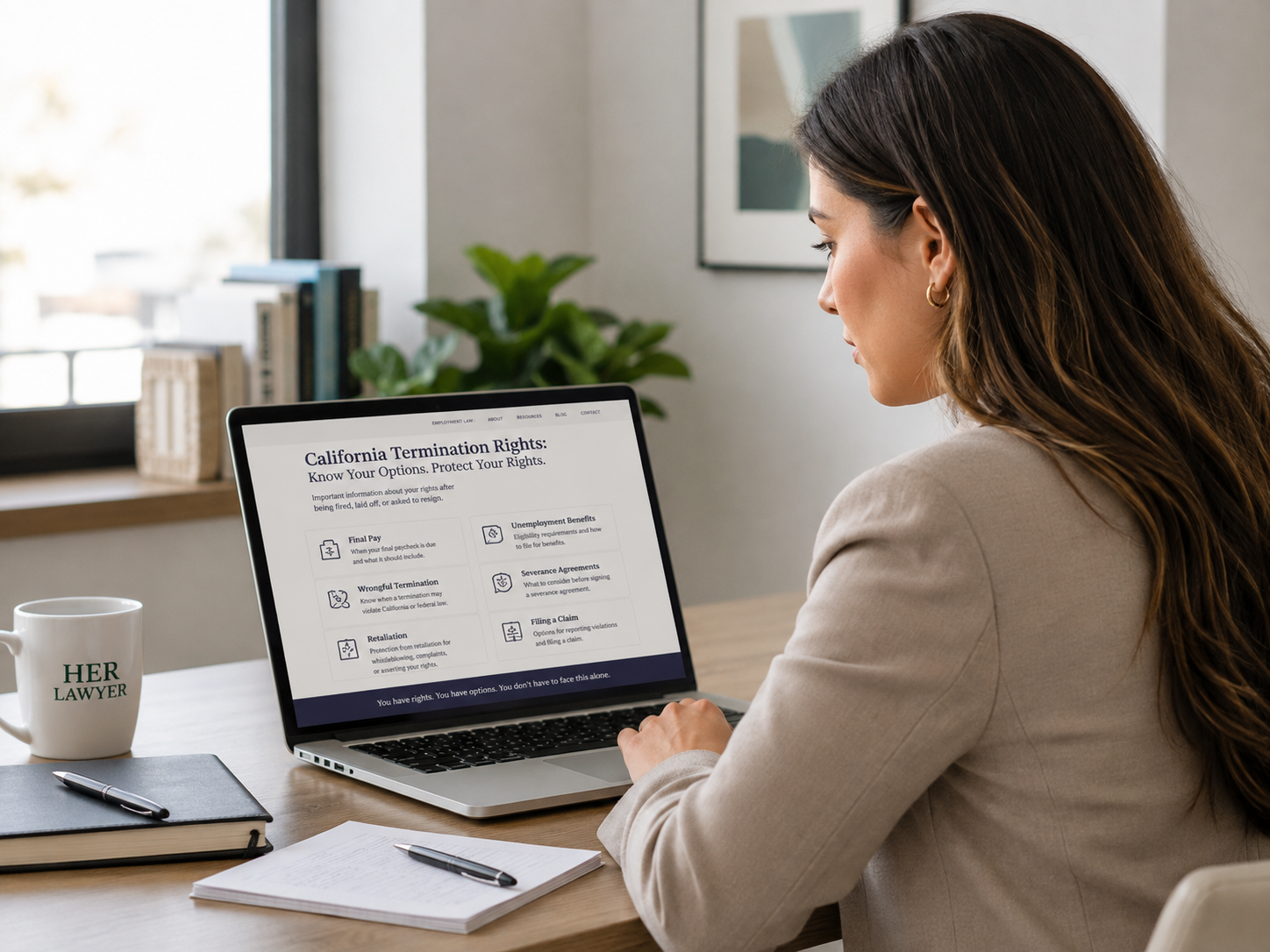 Woman reviewing California termination rights on a laptop with final pay, wrongful termination, retaliation, unemployment, severance, and filing details.