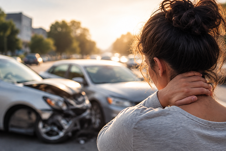 hl-auto-accidents-768 A woman stands in front of a vehicle accident while an officer writes details in the background next to a patrol car