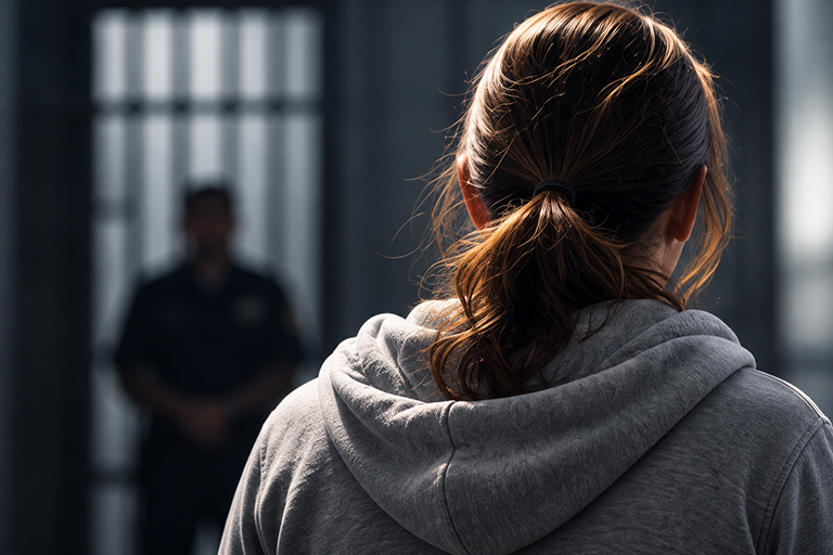 hl-criminal-defense-768 A man in handcuffs seen from behind standing before a judge