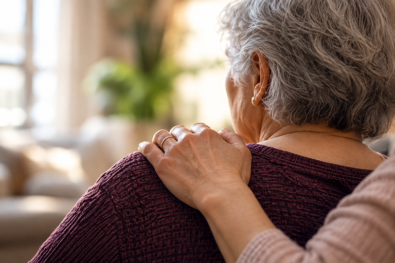 hl-elder-abuse-768 An elderly woman touches her temple with her hands as a caregiver offers support