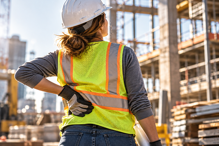 hl-workers-compensation-768 A worker in a safety vest is interviewed by a female attorney sitting at a desk in an office
